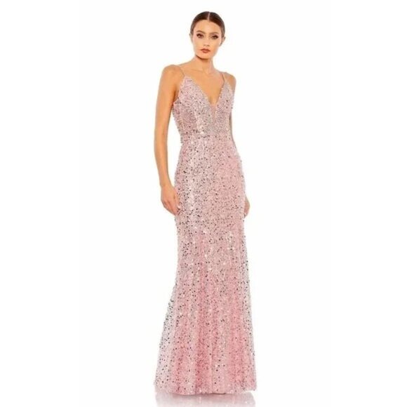 MAC DUGGAL 68175 Pink Embellish Trumpet Gown Plunge Neck Sleeveless Dress Sz 0 - Picture 2 of 8
